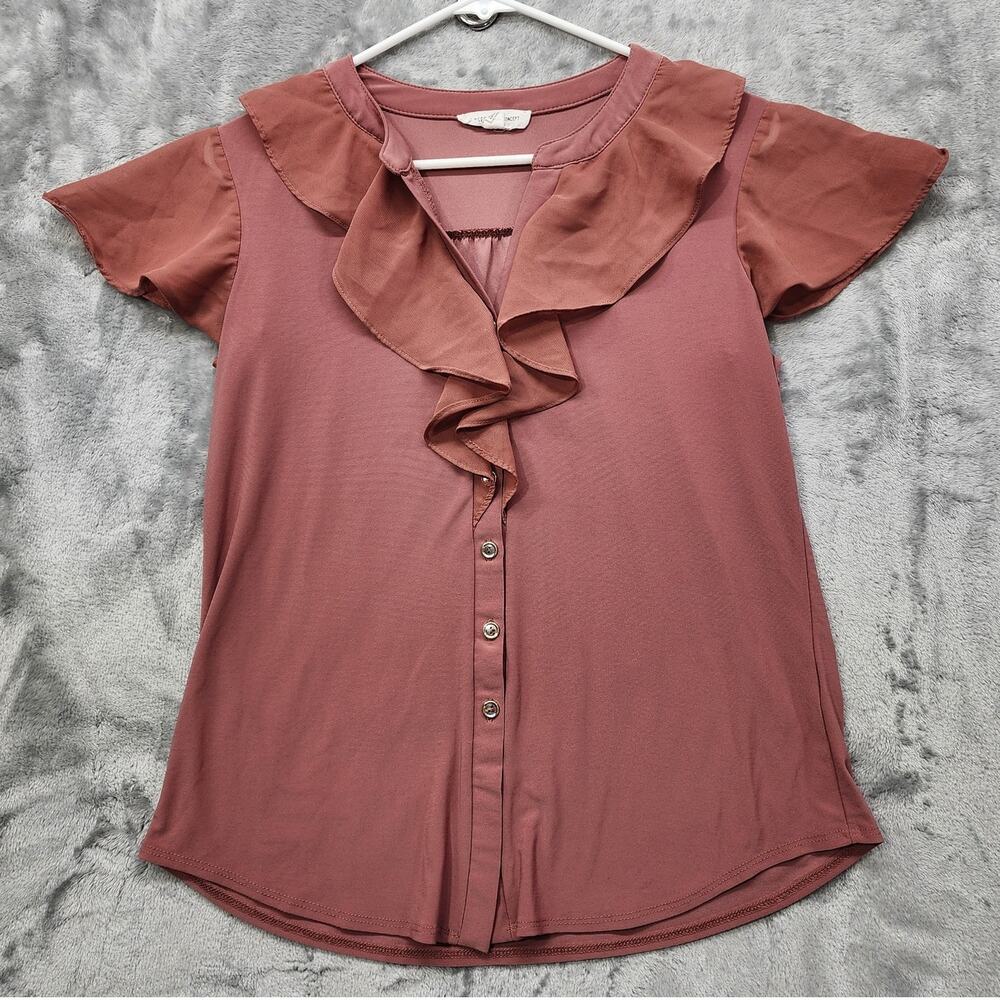 Perseption Concept Top Womens S Pink Short Sleeve Button Front Ruffled Preppy‎